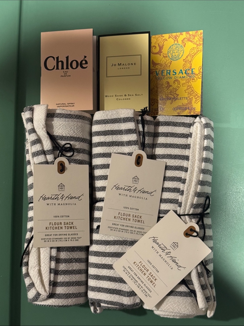 Hearth & Hand Gray Stripe Flour Sack Kitchen Towels 3pcs and perfume cards